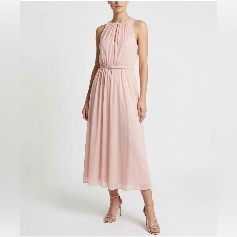 Ralph Lauren Chiffon Belted Sleeveless A-Line Midi Cocktail Dress Pink Size 12